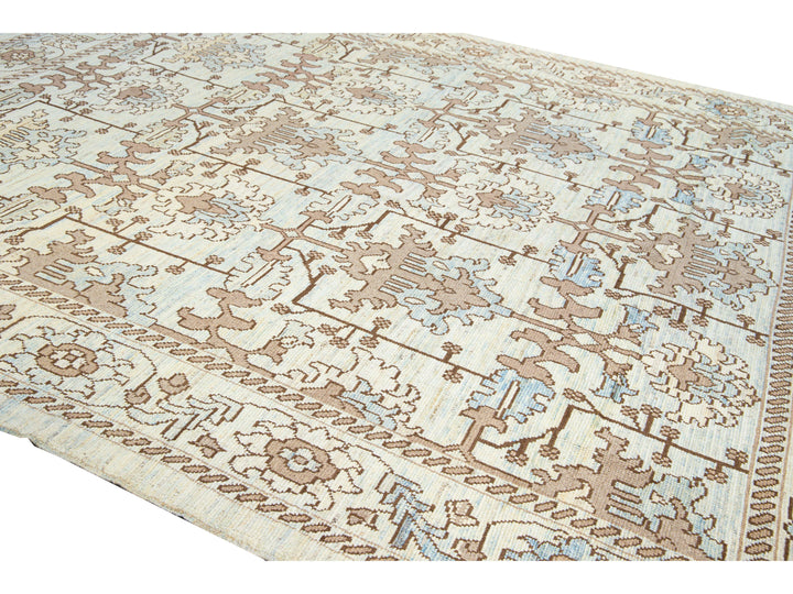 Modern Oushak Handmade Floral Pattern Beige and Blue Wool Rug