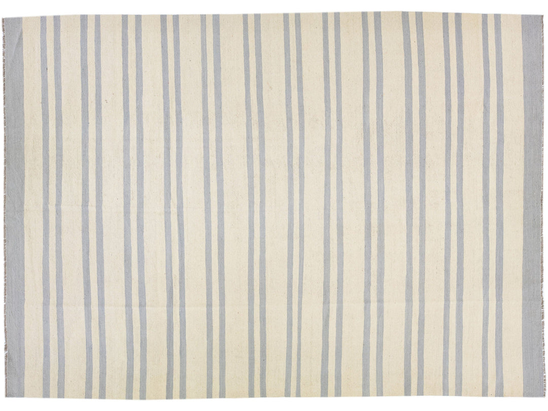 Modern Kilim Beige Flat-Weave Room Size Wool Rug with Greometric Pattern