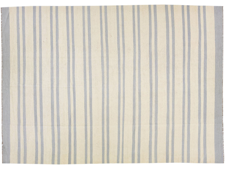 Modern Kilim Beige Flat-Weave Room Size Wool Rug with Greometric Pattern