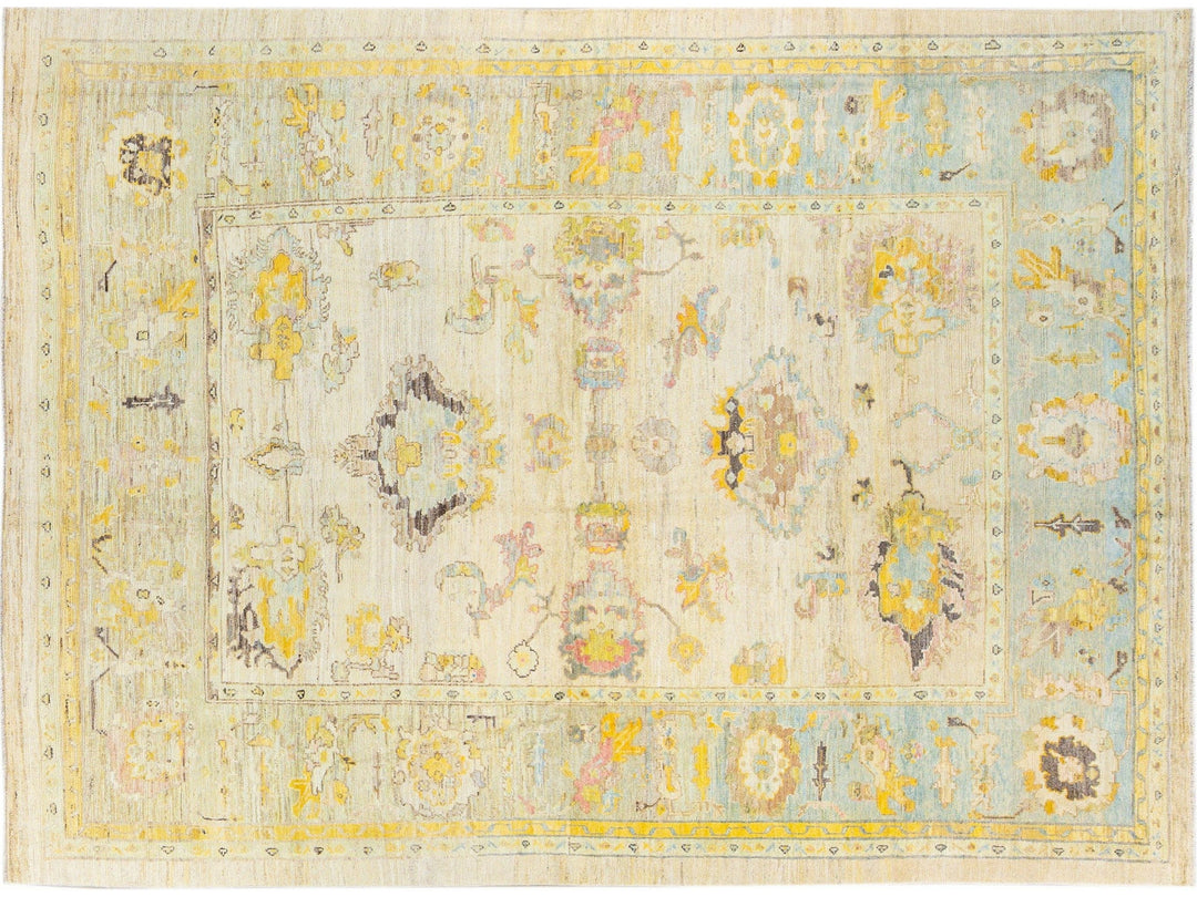 Modern Oushak Handmade Floral Yellow Wool Rug