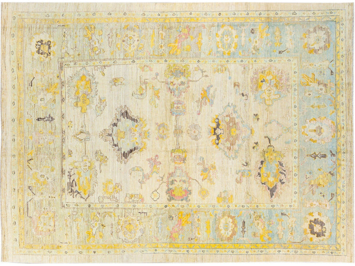 Modern Oushak Handmade Floral Yellow Wool Rug