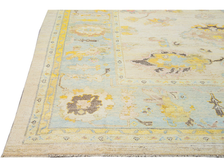 Modern Oushak Handmade Floral Yellow Wool Rug
