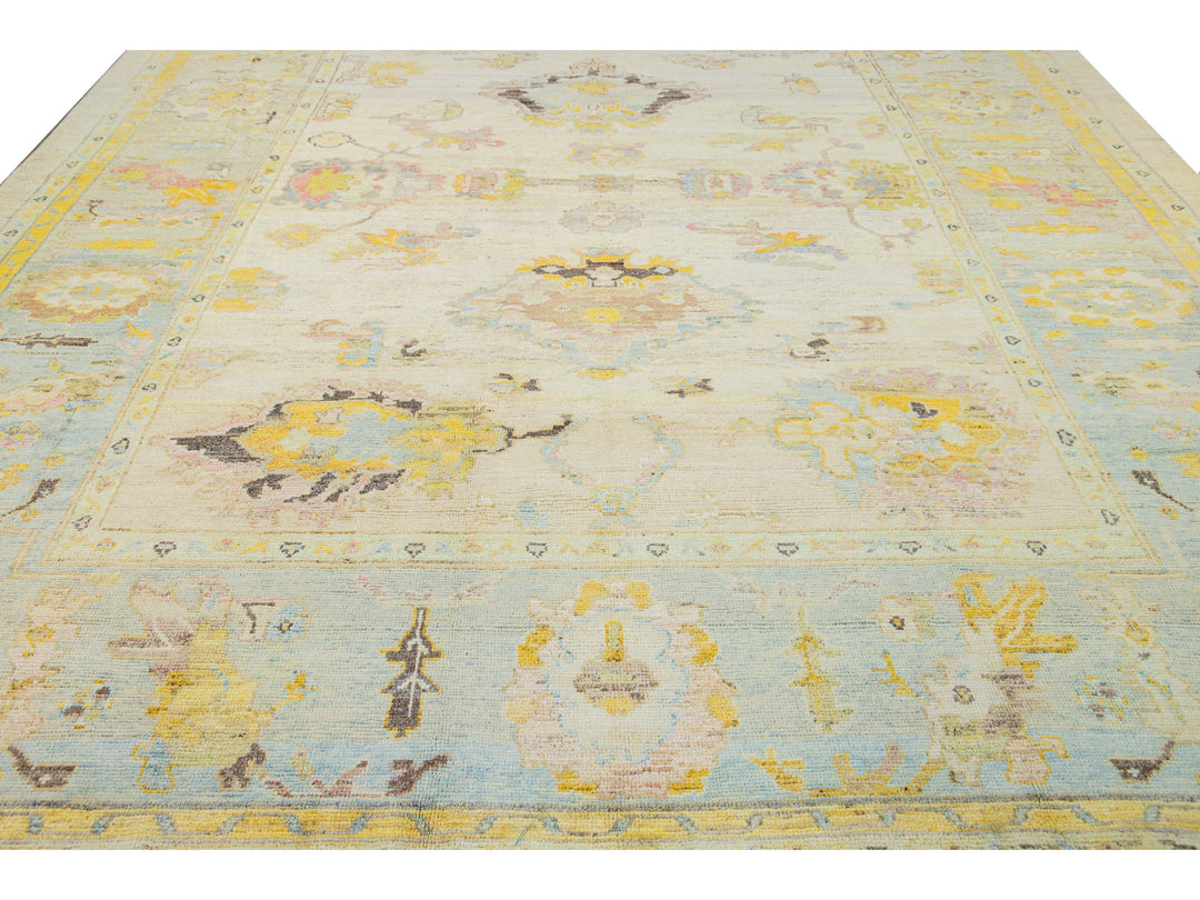 Modern Oushak Handmade Floral Yellow Wool Rug