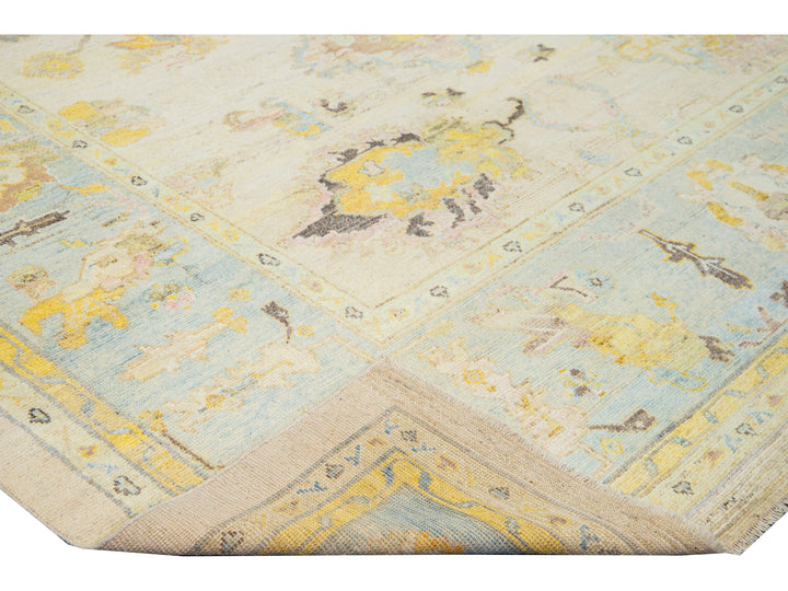 Modern Oushak Handmade Floral Yellow Wool Rug