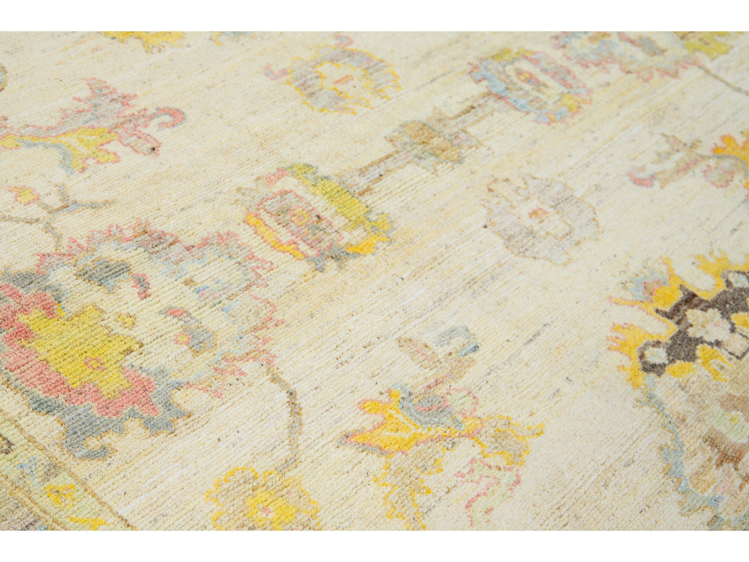 Modern Oushak Handmade Floral Yellow Wool Rug