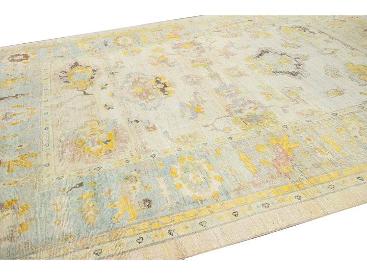Modern Oushak Handmade Floral Yellow Wool Rug