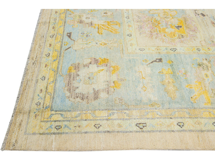 Modern Oushak Handmade Floral Yellow Wool Rug