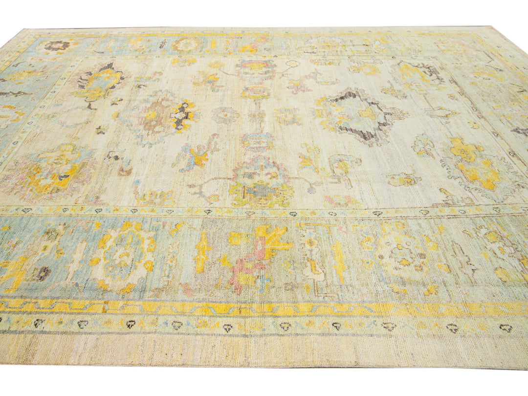Modern Oushak Handmade Floral Yellow Wool Rug