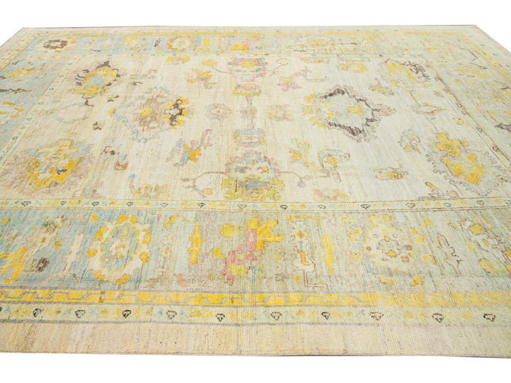 Modern Oushak Handmade Floral Yellow Wool Rug