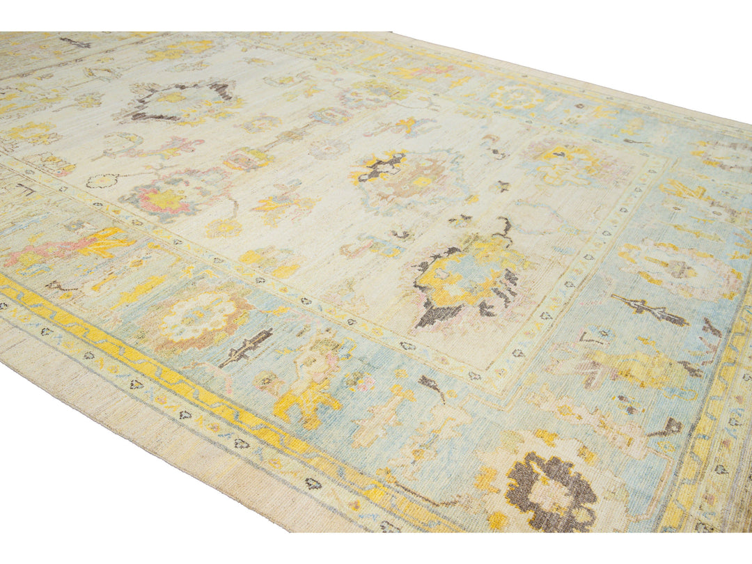 Modern Oushak Handmade Floral Yellow Wool Rug