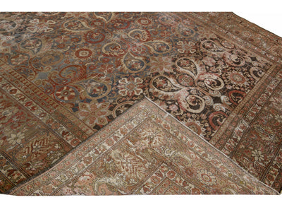 Antique Persian Tabriz Handmade Allover Design Rust Wool Rug