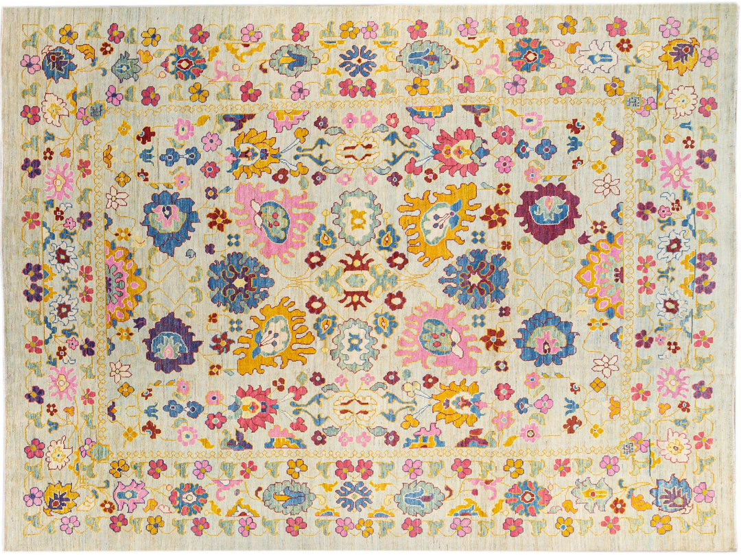 Modern Oushak Handmade Beige Floral Oversize Wool Rug