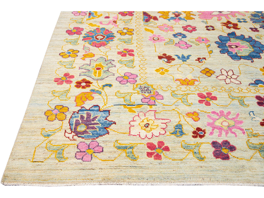 Modern Oushak Handmade Beige Floral Oversize Wool Rug