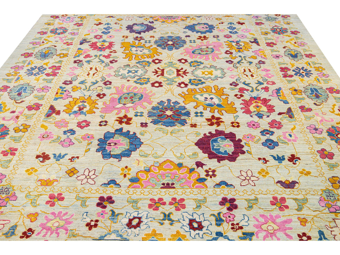 Modern Oushak Handmade Beige Floral Oversize Wool Rug