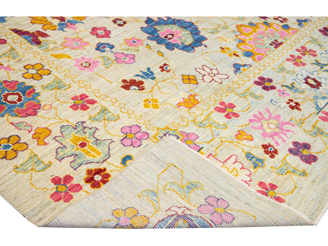 Modern Oushak Handmade Beige Floral Oversize Wool Rug
