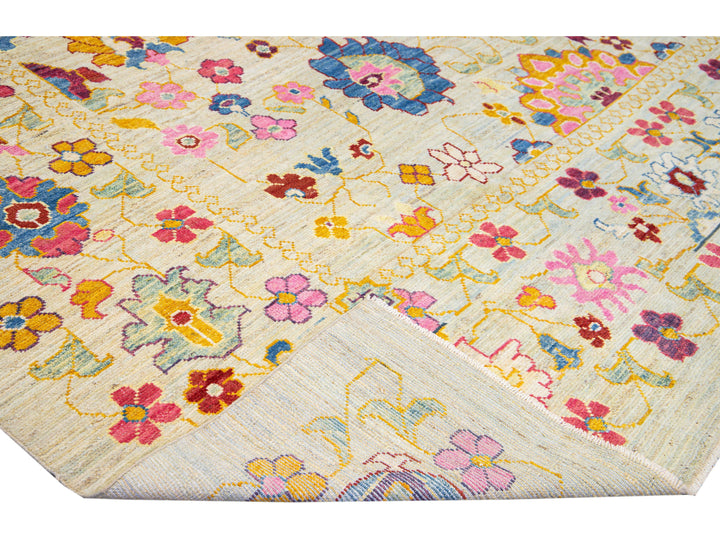 Modern Oushak Handmade Beige Floral Oversize Wool Rug