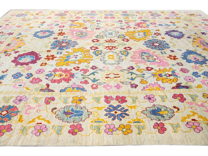 Modern Oushak Handmade Beige Floral Oversize Wool Rug