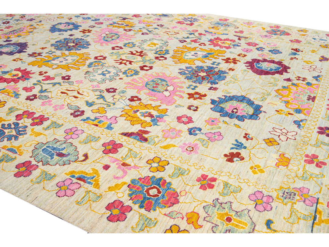 Modern Oushak Handmade Beige Floral Oversize Wool Rug