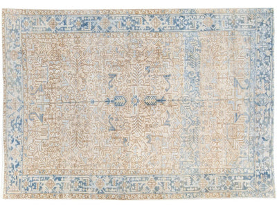 Antique Persian Heriz Handmade Geometric Beige and Blue Wool Rug