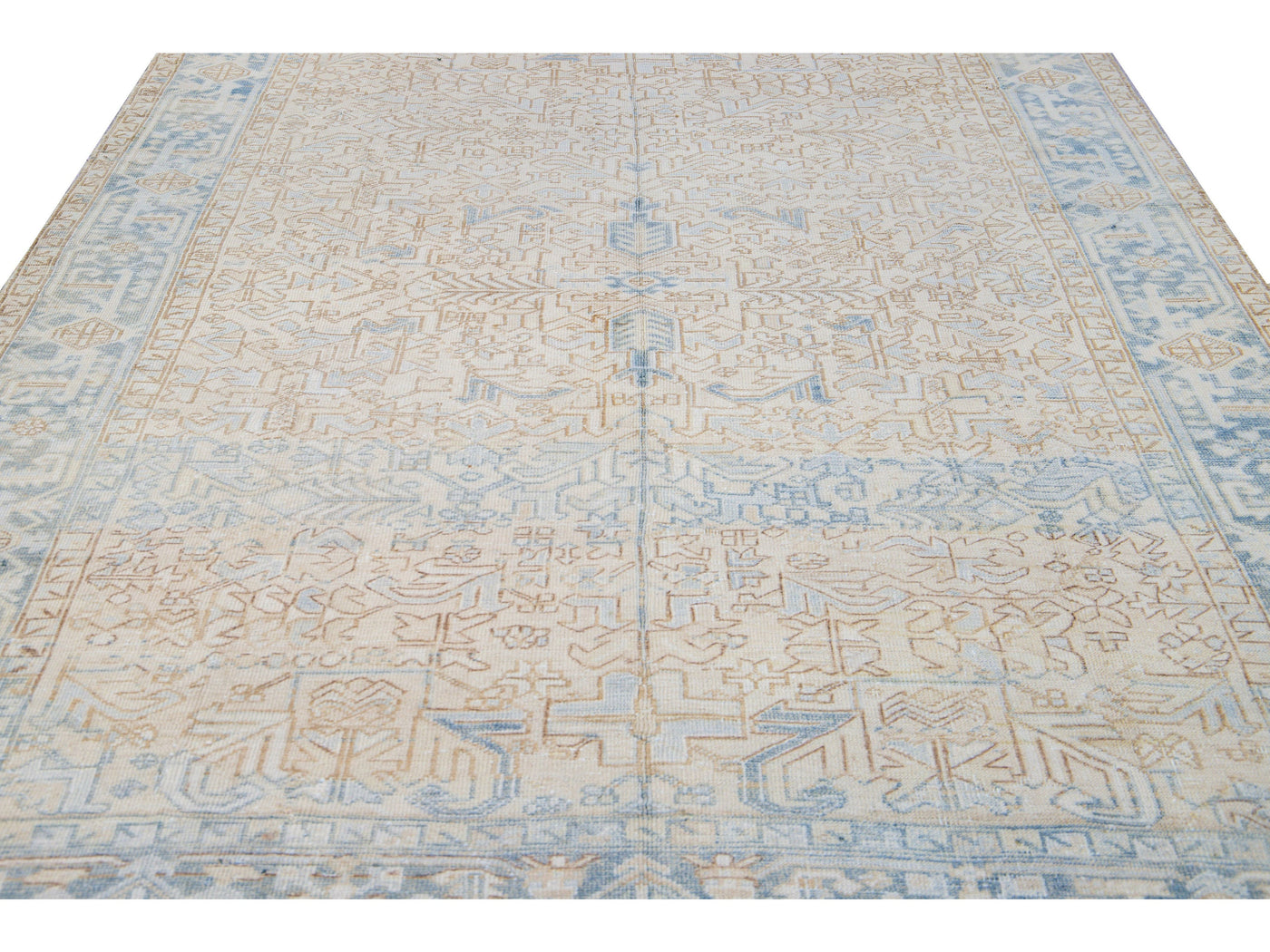 Antique Persian Heriz Handmade Geometric Beige and Blue Wool Rug