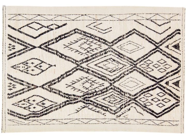 Ivory Modern Moroccan Style Handmade Tribal Pattern Wool Rug