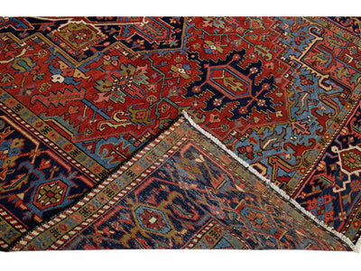 Red Antique Persian Heriz Handmade Wool Rug With Medallion Design