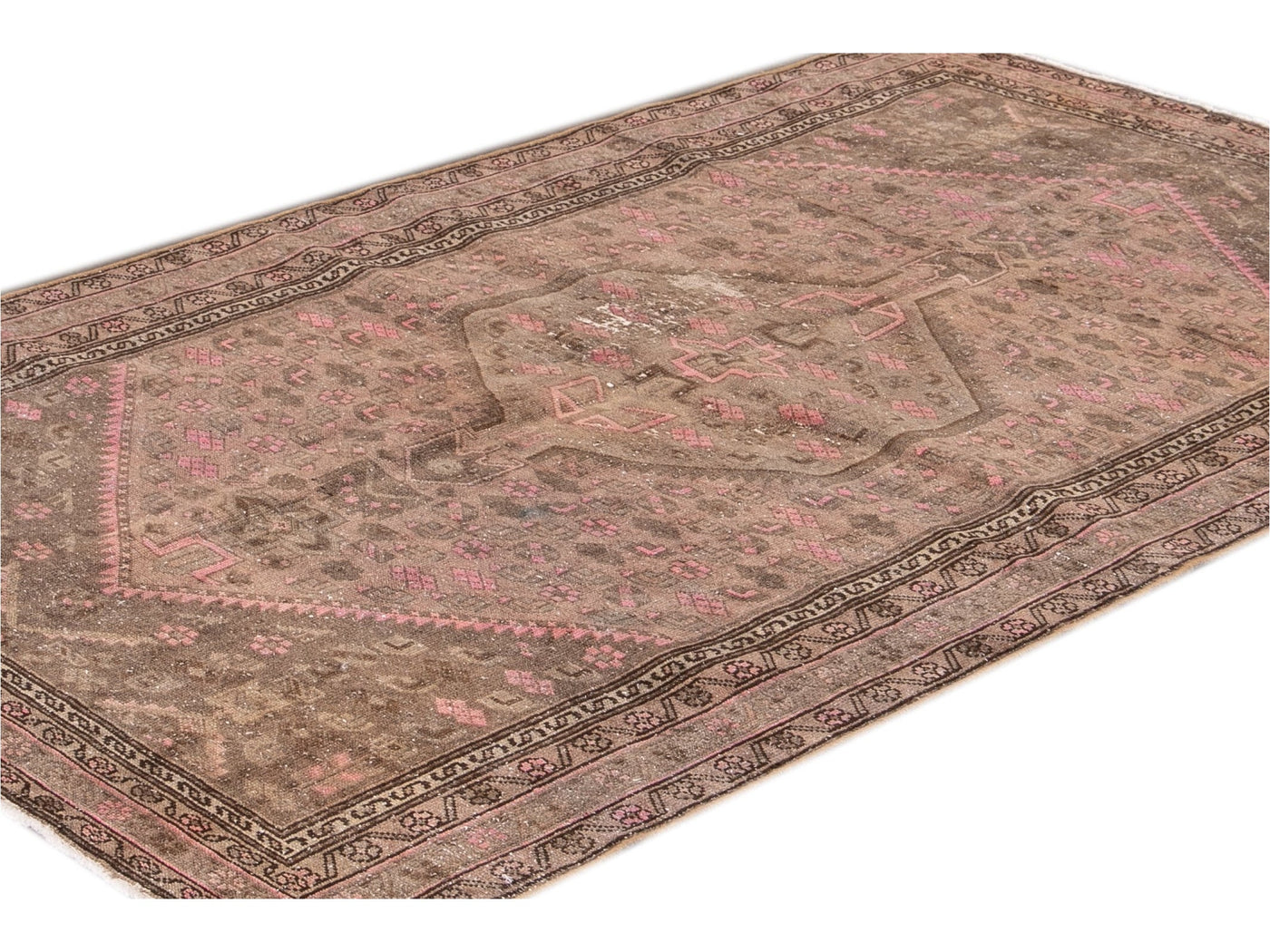 Vintage Persian Distressed Brown and Pink Handmade Wool Rug