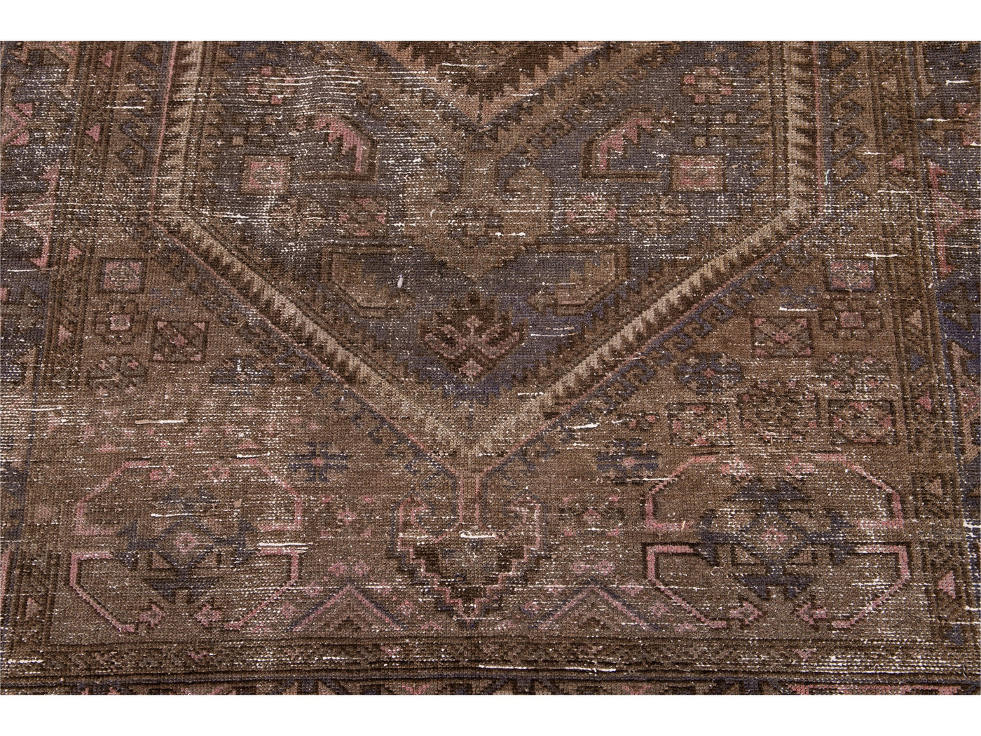 Vintage Distressed Persian Handmade Brown Medallion Wool Rug