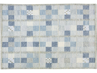 Modern Scandinavian Blue and Gray Handmade Geometric Room SizeWool Rug