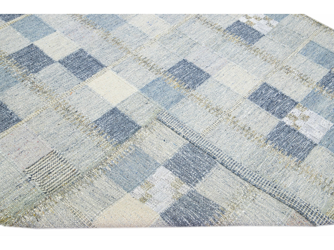 Modern Scandinavian Blue and Gray Handmade Geometric Room SizeWool Rug
