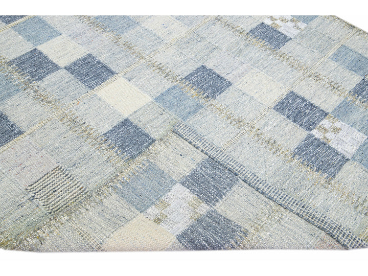 Modern Scandinavian Blue and Gray Handmade Geometric Room SizeWool Rug