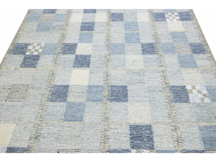 Modern Scandinavian Blue and Gray Handmade Geometric Room SizeWool Rug