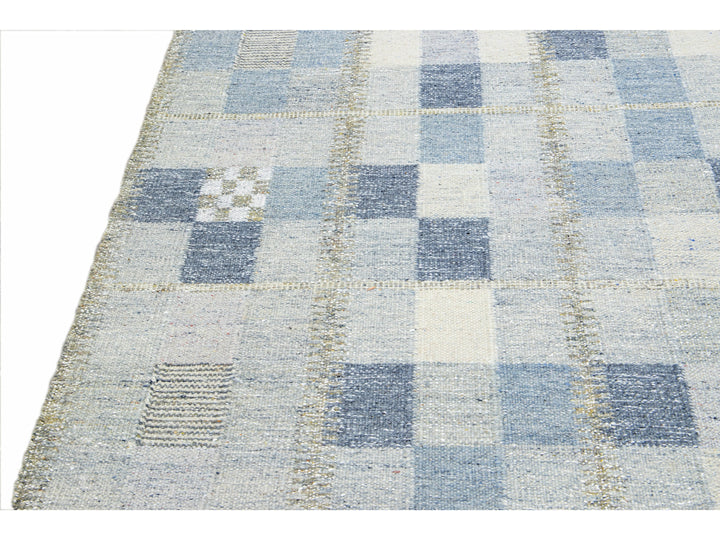 Modern Scandinavian Blue and Gray Handmade Geometric Room SizeWool Rug