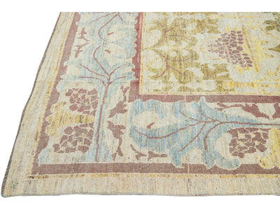 Modern Oushak Handmade Multicolor Vine Scroll Motif Wool Rug