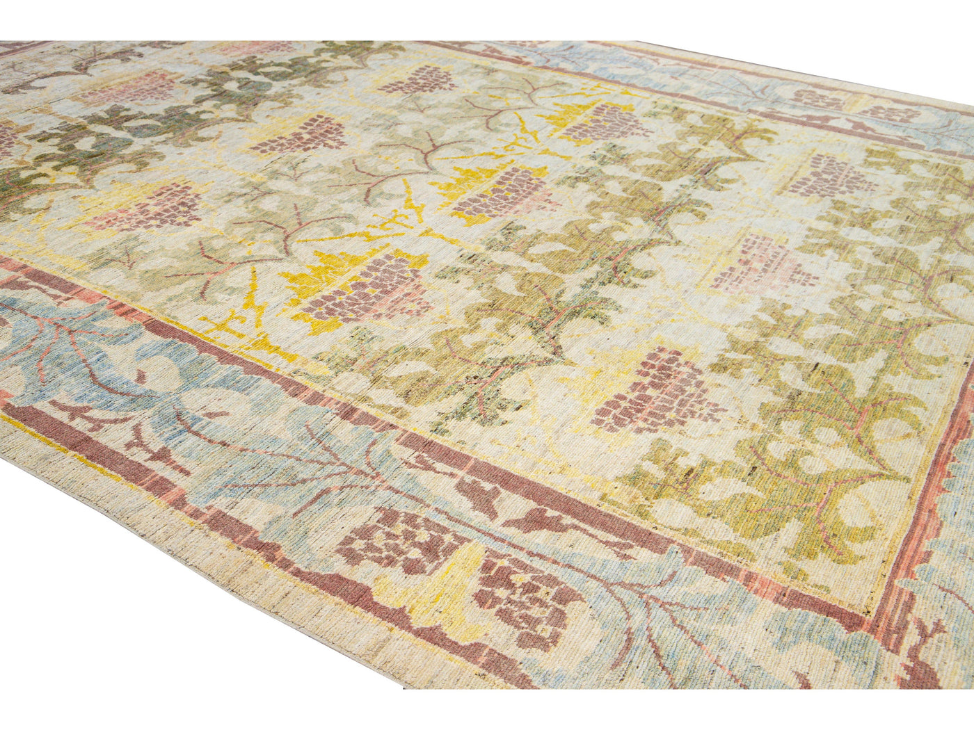 Modern Oushak Handmade Multicolor Vine Scroll Motif Wool Rug