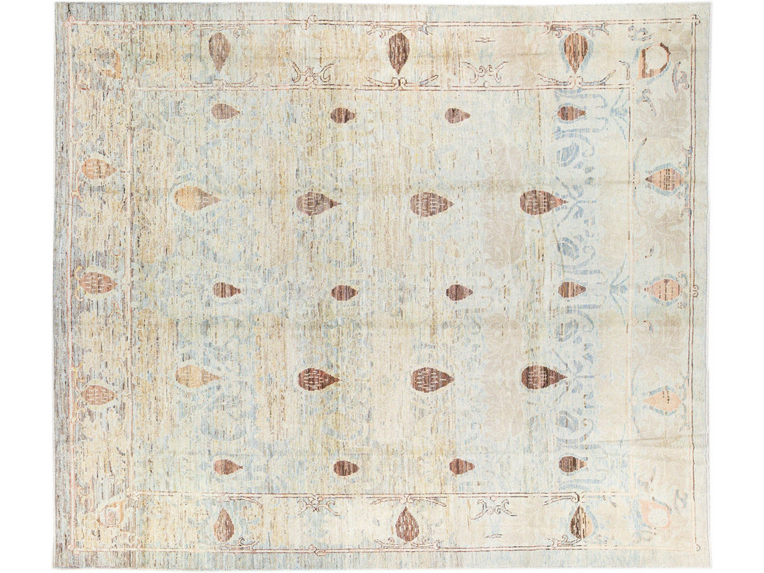 Modern Oushak Handmade Floral Tribal Beige and Blue Wool Rug