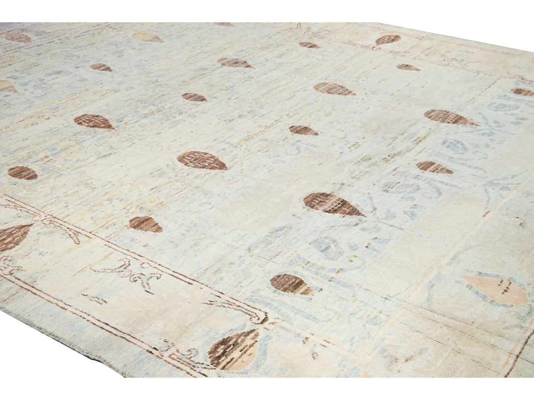Modern Oushak Handmade Floral Tribal Beige and Blue Wool Rug