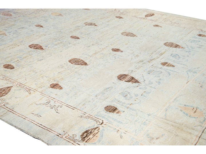Modern Oushak Handmade Floral Tribal Beige and Blue Wool Rug