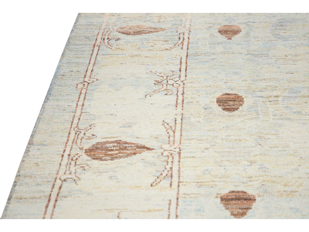 Modern Oushak Handmade Floral Tribal Beige and Blue Wool Rug