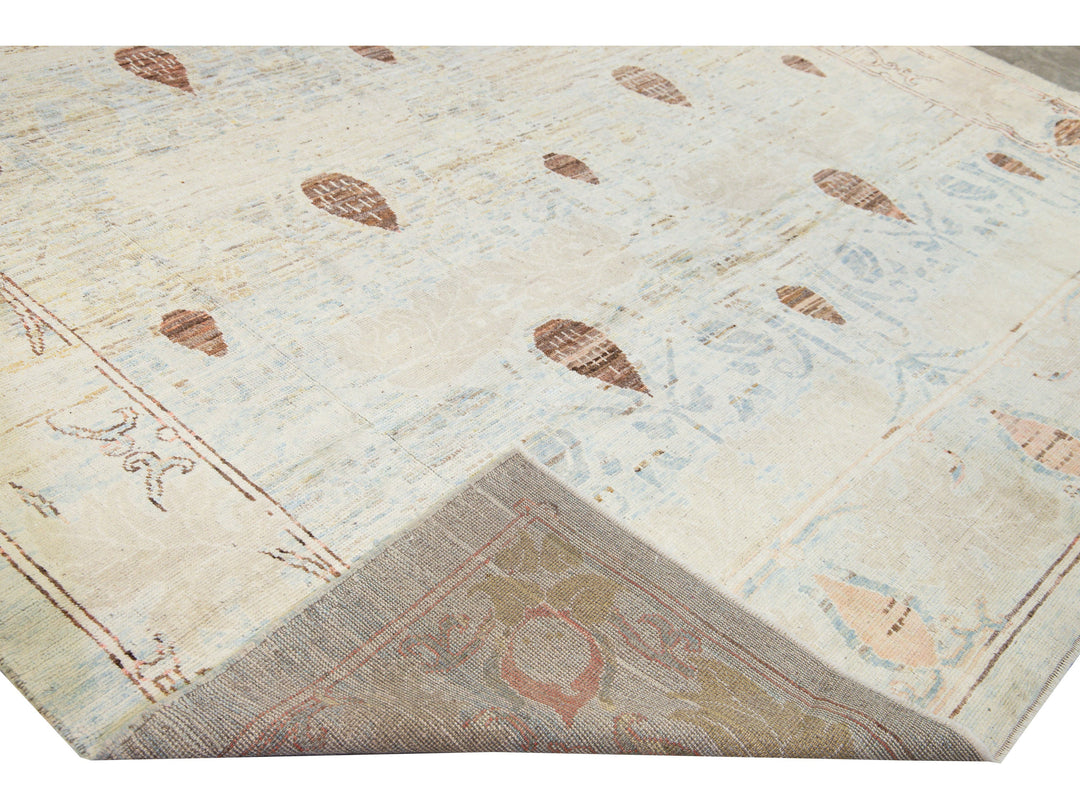 Modern Oushak Handmade Floral Tribal Beige and Blue Wool Rug