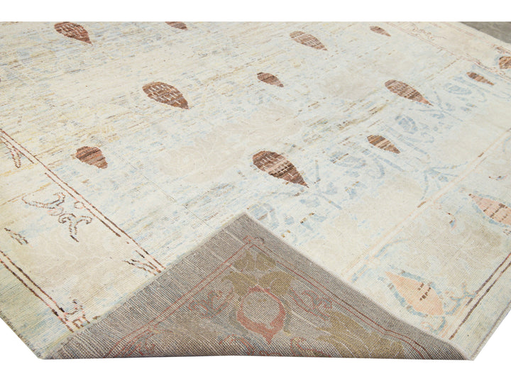 Modern Oushak Handmade Floral Tribal Beige and Blue Wool Rug