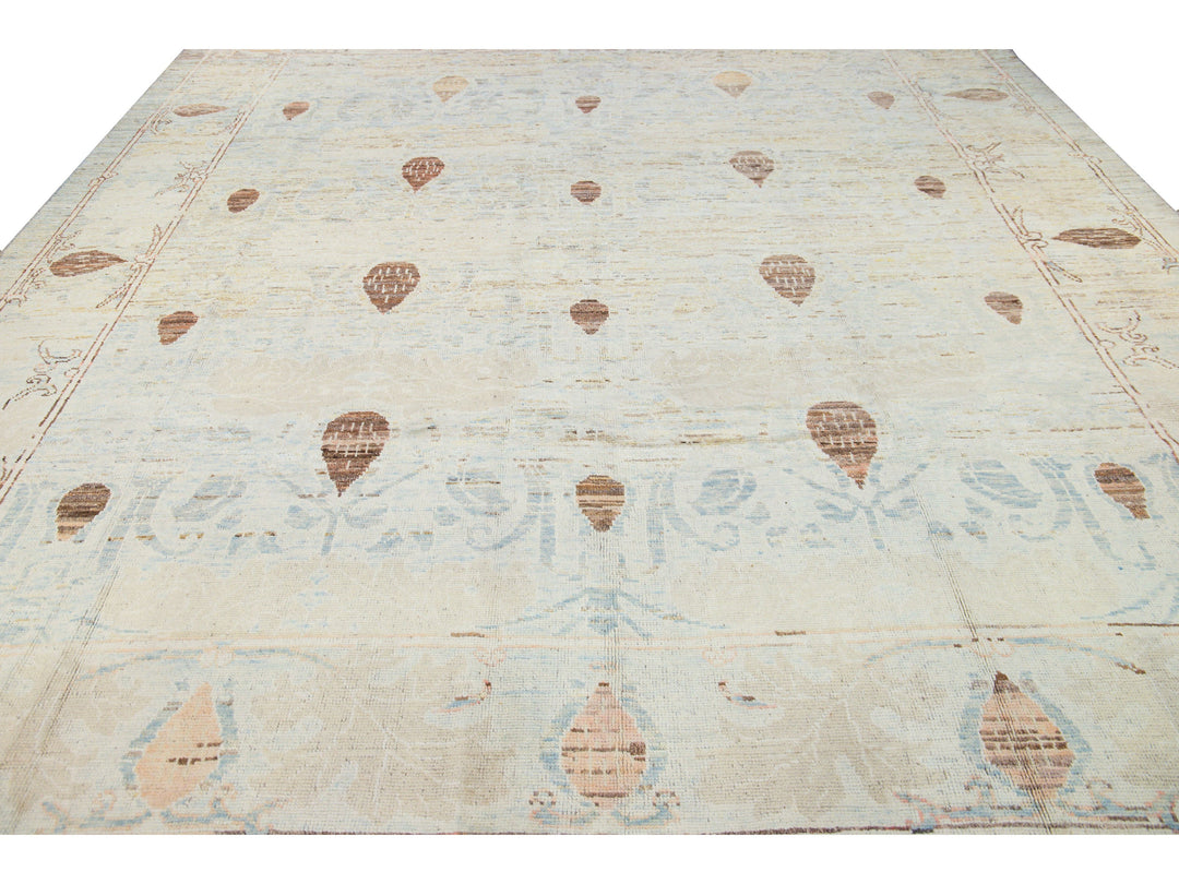 Modern Oushak Handmade Floral Tribal Beige and Blue Wool Rug