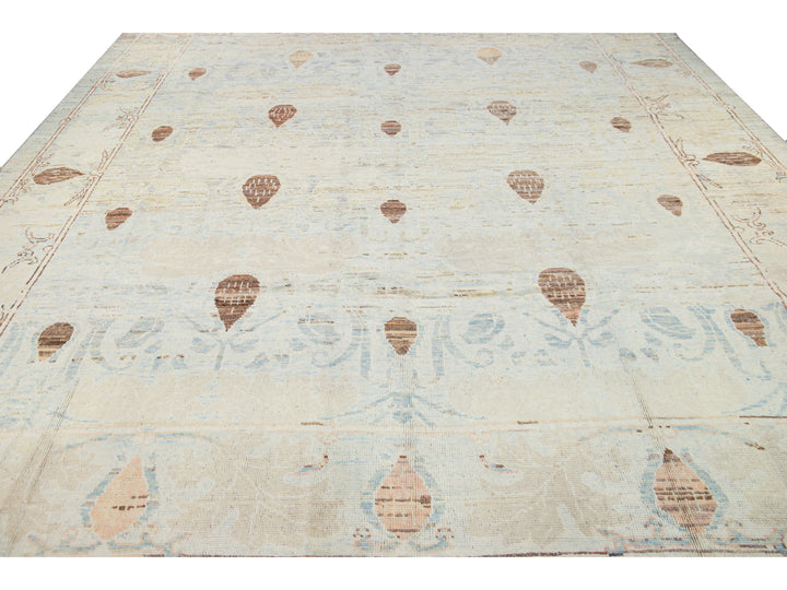 Modern Oushak Handmade Floral Tribal Beige and Blue Wool Rug