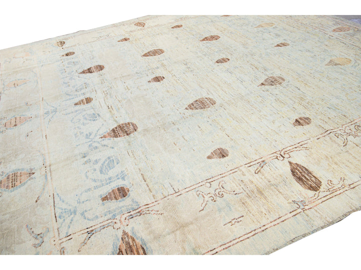 Modern Oushak Handmade Floral Tribal Beige and Blue Wool Rug