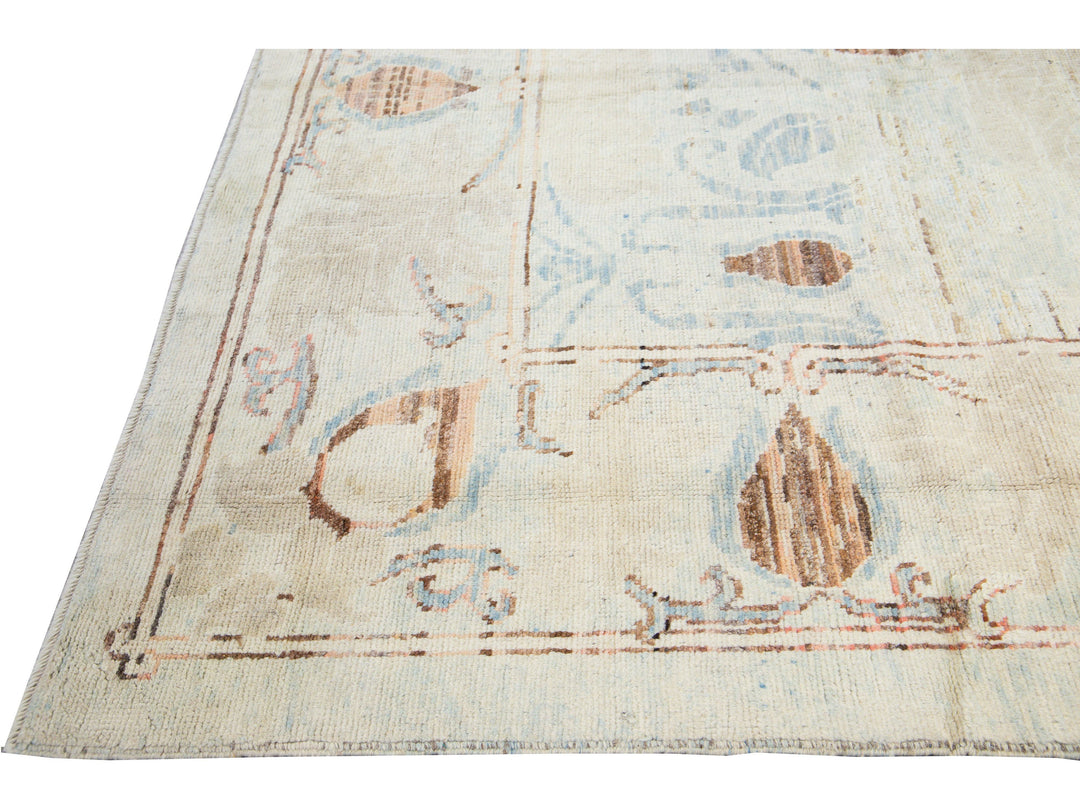 Modern Oushak Handmade Floral Tribal Beige and Blue Wool Rug