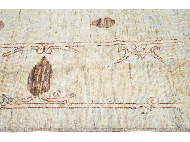 Modern Oushak Handmade Floral Tribal Beige and Blue Wool Rug