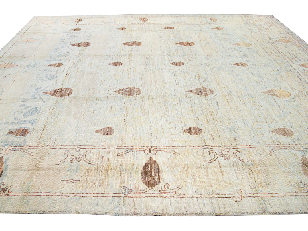 Modern Oushak Handmade Floral Tribal Beige and Blue Wool Rug