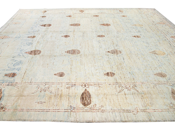 Modern Oushak Handmade Floral Tribal Beige and Blue Wool Rug