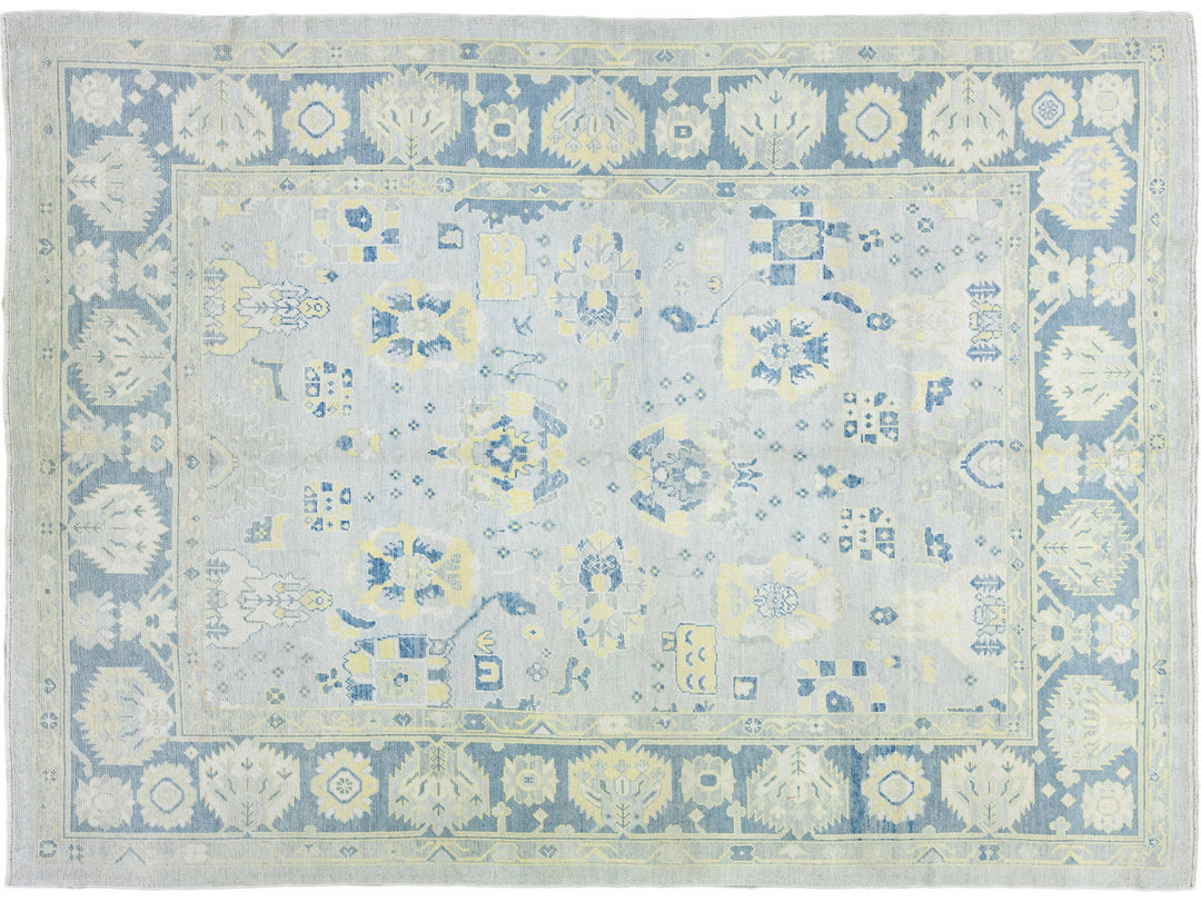 Gray Modern Turkish Oushak Handmade Floral Pattern Wool Rug