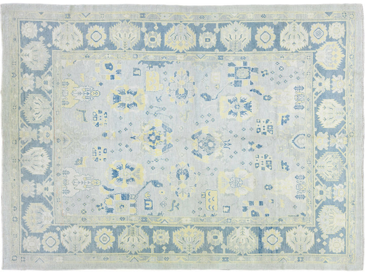Gray Modern Turkish Oushak Handmade Floral Pattern Wool Rug